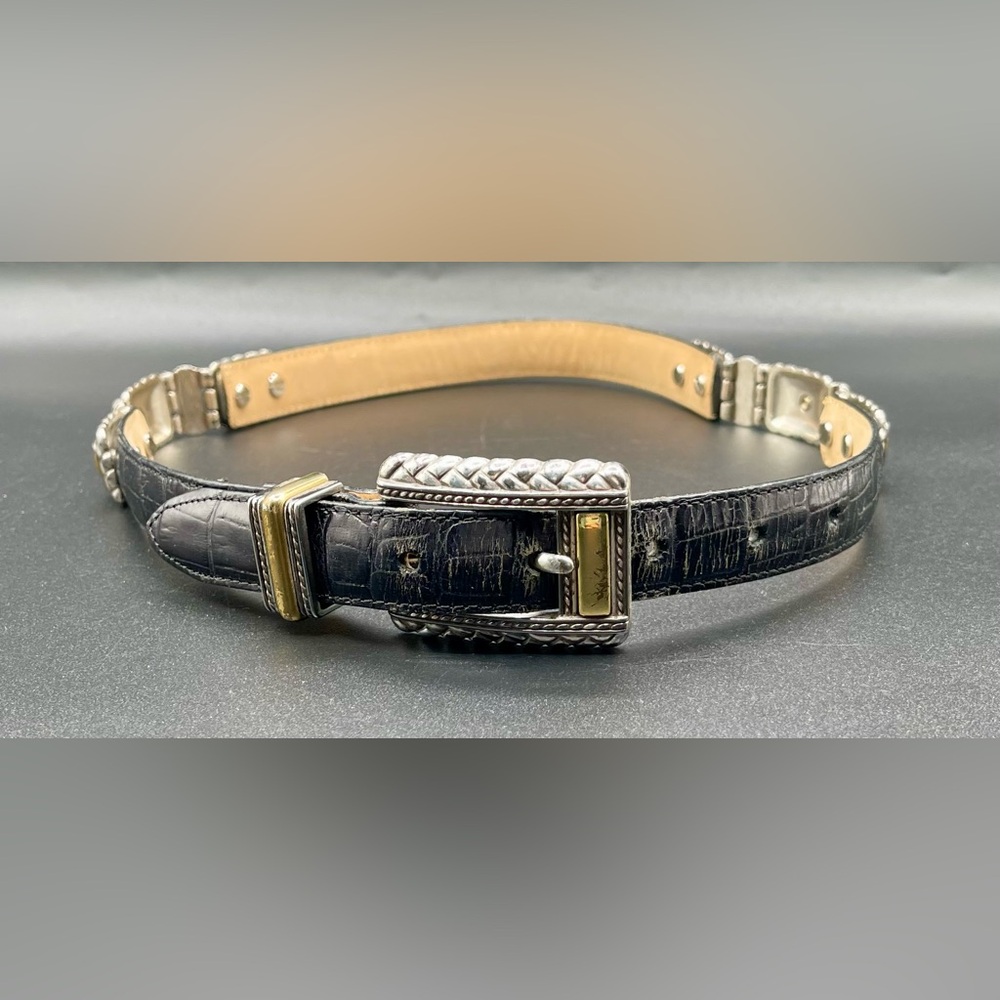 BRIGHTON Belt Black Leather Crocodile Embossed With 
Silver  Gold Tone Size S